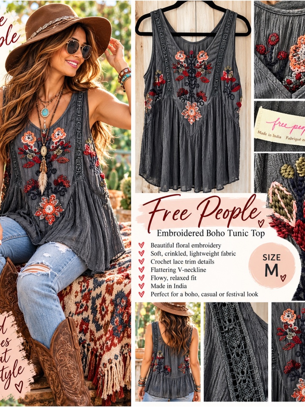 FREE PEOPLE: Charcoal Embroidered Boho Tunic Top with Red Floral